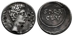 Roman Imperatorial Augustus. Fourée Denarius. 19-18 BC. Caesar Augusta (Zaragoza). (Ffc-217). (Ric-42a). (Cal-721). Anv.: CAESAR AVGVSTVS bare head of Augustus right. Rev.: S.P.Q.R. / CL. V. inscribed