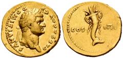 Roman Imperial Domitian. Aureus. 76 AD. Rome. (Ric-918). (Ch-46). (Cal-817). Anv.: CAESAR AVG F DOMITIANVS. Laureate bust right. Rev.: COS IIII. Cornucopie with fruits. Au. 7,08 g. Choice VF. Est...30