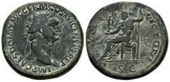 Roman Imperial Domitian. Sestertius. 95-96 AD. Rome. (Ric-751). (Bmcre-464). (Ch-315). Anv.: IMP CAES DOMIT AVG GERM COS XVI CENS PER P P, laureate head right. Rev.: IOVI VICTORI, Jupiter seated left,