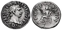 Roman Imperial Trajan. Denarius. 98-99 AD. Rome. (Ric-10). (Bmcre-413). (Rsc-123). Anv.: IMP CAES NERVA TRAIAN AVG GERM, laureate head right. Rev.: P M TR P COS II P P, Victory seated left, holding pa