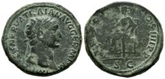Roman Imperial Trajan. Sestertius. 101-102 AD. Rome. (Ric-432). Rev.: TR POT COS IIII P P, Pax seated to left, holding olive branch and sceptre; SC in exergue. Ae. 29,02 g. VF/Almost VF. Est...300,00.