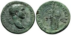 Roman Imperial Trajan. Sestertius. 103-111 AD. Rome. (Ric-527). (Ch-452). (Bmcre-812). Anv.: IMP CAES NERVAE TRAIANO AVG GER DAC P M TR P COS V P P, laureate bust to right, slight drapery on far shoul
