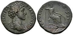 Roman Imperial Marcus Aurelius. Sestertius. 153-154 AD. Rome. (Ric-1315). Rev.: TR POT VIIII COS II / SC. Minerva seated right holding spear, left hand on shield. Ae. 23,52 g. Scarce. Smoothed fields.