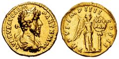Roman Imperial Lucius Verus. Aureus. 165 AD. Rome. (Ric M. Aurelius-562). (Cal-2188). (Ch-276). Anv.: L VERVS AVG ARM – PARTH MAX. Draped and laureate bust right. Rev.: TR P VI IMP IIII – COS II. Semi