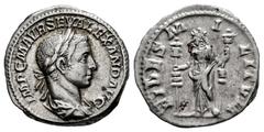 Roman Imperial Severus Alexander. Denarius. 225 AD. Rome. (Ric-139). (Bmcre-220). (Rsc-52). Anv.: IMP C M AVR SEV ALEXAND AVG, laureate and draped bust right. Rev.: FIDES MILITVM, Fides standing left,