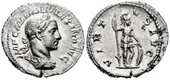 Roman Imperial Severus Alexander. Denarius. 225 AD. Rome. (Spink-7934). (Ric-182). (Seaby-576). Rev.: VIRTVS AVG. Virtus, in military attire, standing to right, holding transverse spear and leaning on