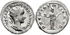 Roman Imperial Gordian III. Antoninianus. 238-239 AD. Rome. (Spink-8655). (Ric-4). (Seaby-302). Rev.: PROVIDENTIA AVG. Providentia standing to left, holding globe and sceptre. Ag. 4,01 g. XF. Est...75