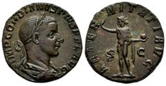Roman Imperial Gordian III. Sestertius. 240 AD. Rome. (Ric-297a). Anv.: IMP GORDIANVS PIVS FEL AVG. Laureate, draped and cuirassed bust right. Rev.: AETERNITATI AVG. Sol standing left, raising hand an