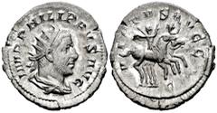 Roman Imperial Philip I. Antoninianus. 248 AD. Rome. (Spink-8976). (Ric-10). (Seaby-241). Rev.: VIRTVS AVGG. Philip I and II riding right; Є in exergue. Ag. 4,47 g. Choice VF. Est...50,00. Spanish Des