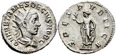 Roman Imperial Herennius Etruscus. Antoninianus. 250-251 AD. Rome. (Ric-149). Rev.: SPES PVBLICA, Spes advancing left, holding flower and lifting skirt. Ag. 4,06 g. Almost XF. Est...35,00. Spanish Des