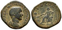 Roman Imperial Hostilian. Sestertius. 250-251 AD. Rome. (Ric-214 var. legend). Anv.: C VALENS HOTIL MES QVINTVS N C. Bareheaded and draped bust right. Rev.: PRINC IVVENT / S C. Apollo seated left on t