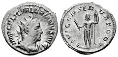 Roman Imperial Valerian I. Antoninianus. 253-254 AD. Rome. (Ric-92). (C-94). Anv.: IMP C P LIC VALERIANVS AVG, radiate, draped bust right . Rev.: IOVI CONSERVARI, Jupiter standing facing, holding scep