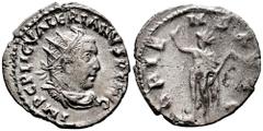 Roman Imperial Valerian I. Antoninianus. 257 AD. Viminacium. (Ric-106). Anv.: IMPC P LIC VALERIANVS P F AVG, radiate, draped and cuirassed bust right. Rev.: ORIENS AVGG, Sol standing left and raising 