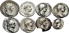 Large Lots Lot of 8 coins from the Roman Empire. Denarius and Quinar of different emperors: Augustus, Vespasian, Domitian, Trajan, Hadrian, Antoninus Pius, Alexander Severus and Gordian III. Some scar