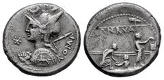 Roman Republican Licinius. P. Licinius Nerva. Denarius. 113-112 BC. Uncertain mint. (Ffc-802). (Craw-292/1). (Cal-888). Anv.: Diademed head of Roma left, holding spear and shield, X before, crescent a