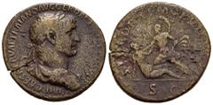 Roman Imperial Trajan. Sestertius. 104-107 AD. Rome. (Ric-556). Rev.: SPQR OPTIMO PRINCIPI SC. Danube defeats Dacia. Ae. 23,81 g. Planchet crack. Choice F. Est...130,00. Spanish Description: Trajano. 