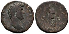 Roman Imperial Aelius. Sestertius. 136-138 AD. Rome. (Ric-2695). Anv.: AELIVS CAESAR. Bare head right. Rev.: (TR POT CO)S II. Spes advancing left, holding flower and lifting fold of dress . Ae. 26,96 