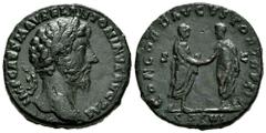 Roman Imperial Marcus Aurelius. Sestertius. 161-162 AD. Rome. (Spink-4962). (Ric-769). Rev.: CONCORD AVGVSTOR TR P XV, Marcus Aurelius and Lucius Verus, togate, standing facing each other, clasping ri