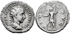 Roman Imperial Gordian III. Antoninianus. 240 AD. Rome. (Ric-56). Anv.: IMP CAES GORDIANVS PIVS AVG, radiate, draped and cuirassed bust right. Rev.: VIRTVS AVG, Virtus standing facing in military dres