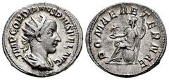 Roman Imperial Gordian III. Antoninianus. 240 AD. Rome. (Spink-8658). (Ric-70). (Seaby-3147). Rev.: ROMAE AETERNAE. Roma seated to left, holding Victory and spear. Ag. 4,31 g. Almost XF. Est...35,00. 