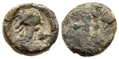 Visigothic Coins Nummus. Century VI. Toleto (Toledo). (Crusafont-Group D, type 44). Anv.: Bust to the right, in front of the cross and around the border of lines. Rev.: Monogram formed by two vertical