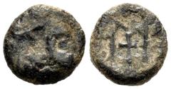 Visigothic Coins Nummus. Century VI. Toleto (Toledo). (Crusafont-Group D, type 44). Anv.: Bust to the right, in front of the cross and around the border of lines. Rev.: Monogram formed by two vertical