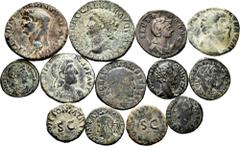 Large Lots Lot of 13 coins from the Roman Empire. Containing a variety of mints and Emperors: Claudius, Nero, Marcus Aurelius, Constantine, Severine, Crispus, Gratian. Includes a contemprary counterfe