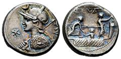Roman Republican Licinius. P. Licinius Nerva. Denarius. 113-112 BC. Uncertain mint. (Ffc-802). (Craw-292/1). (Cal-888). Anv.: Diademed head of Roma left, holding spear and shield, X before, crescent a
