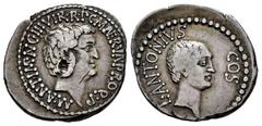 Roman Imperatorial Marcus Antonius and Lucius Antonius. M. Cocceius Nerva. Denarius. 41 BC. Mint moving. (Ffc-1). (Craw-517/5a). (Cal-436). Anv.: M. ANT. IMP. AVG. III. VIR. R.P.C.M. NERVA PROQ. P. (M