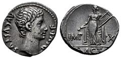 Roman Imperatorial Augustus. Denarius. 15-13 BC. Lugdunum. (Ffc-113). (Ric-171a). (Rsc-144). Anv.: AVGVSTVS DIVI. F bare head of Augustus right. Rev.: IMP. - X., Apollo standing left, holding lyre and