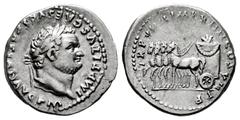 Roman Imperial Titus. Denarius. 79-81 AD. Rome. (Ric-II 1.25). (Rsc-278). Anv.: IMP TITVS CAES VESPASIAN AVG P M. laureate head right. Rev.: TR P VIIII IMP XIIII COS VII P P. Slow quadriga left, car d