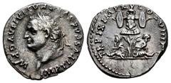 Roman Imperial Titus. Denarius. 80 AD. Rome. (Ric-II 1.103). (Rsc-307). Anv.: IMP TITVS CAES VESPASIAN AVG P M, laureate head left. Rev.: TR P IX IMP XV COS VIII P P. trophy of arms, at base of which 