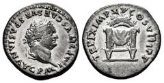 Roman Imperial Titus. Denarius. 80 AD. Rome. (Ric-II 2.122). (Bmcre-58). (Rsc-313). Anv.: IMP TITVS CAES VESPASIAN AVG P M, laureate head to right. Rev.: TR P IX IMP XV COS VIII P P, throne with round