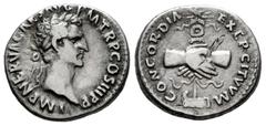 Roman Imperial Nerva. Denarius. 96 AD. Rome. (Ric-II 3). (Bmcre-8). (Rsc-29). Anv.: IMP NERVA CAES AVG P M TR P COS II P P, laureate head to right. Rev.: CONCORDIA EXERCITVVM, clasped hands holding le