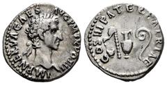 Roman Imperial Nerva. Denarius. 97 AD. Rome. (Ric-II 24). (Bmcre-33). (Rsc-51). Anv.: IMP NERVA CAES AVG P M TR POT II, laureate head to right. Rev.: COS III PATER PATRIAE, priestly emblems: simpulum,