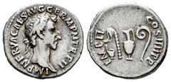 Roman Imperial Nerva. Denarius. 97 AD. Rome. (Ric-24). (Rsc-95). Anv.: IMP NERVA CAES AVG GERM P M TR P II, laureate head right. Rev.: IMP II - COS IIII PP, Priestly emblems: simpulum, aspergillum, gu