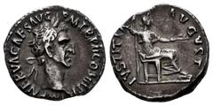 Roman Imperial Nerva. Denarius. 97 AD. Rome. (Ric-18). (Rsc-103). Anv.: IMP NERVA CAES AVG P M TR P II COS III P P. Cabeza laureada a derecha. Rev.: IVSTITIA AVGVST. Justicia sedente a derecha, portan