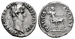 Roman Imperial Nerva. Denarius. 97 AD. Rome. (Ric-18). (Rsc-103). Anv.: IMP NERVA CAES AVG P M TR P II COS III P P. Cabeza laureada a derecha. Rev.: IVSTITIA AVGVST. Justicia sedente a derecha, portan