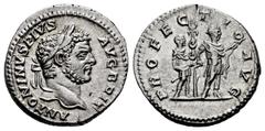 Roman Imperial Caracalla. Denarius. 213 AD. Rome. (Spink-6877). (Ric-226). (Seaby-509). Rev.: PROFECTIO AVG. Caracalla in military dress standing right, holding spear, standard bearer behind. Ag. 3,28
