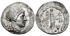 Greek Coins Aeolis. Myrina. Tetradrachm. 160-143 BC. Stephanophoric type. (Sacks-34). (Hunterian-5). Anv.: Laureate head of Apollo right. Rev.: Apollo Grynios standing right, holding branch and phiale