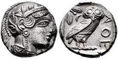 Greek Coins Attica. Tetradrachm. 454-404 BC. Athens. (Gc-2526). (Sng Cop-31). Anv.: Head of Athena right, wearing crested Attic helmet ornamented with three olive leaves above visor and spiral palmett