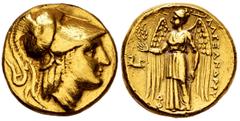 Greek Coins Kingdom of Macedon. Alexander III, "The Great". Stater. 328-323 BC. Lampsakos. (Price-1358). Anv.: Head of Athena right, wearing Corinthian helmet decorated with serpent on the bowl. Rev.: