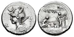 Roman Republican Licinius. P. Licinius Nerva. Denarius. 113-112 BC. Uncertain mint. (Rsc-7). (Ffc-802). (Craw-292/1). (Cal-888). Anv.: Diademed head of Roma left, holding spear and shield, X before, c