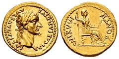 Roman Imperial Tiberius. Áureo. 14-37 AD. Lugdunum. (Ric-29). (Bmcre-46). (Cal-294). Anv.: TI CAESAR DIVI AVG F AVGVSTVS. Cabeza más pequeña laureada de Tiberio a derecha con lazo sobre su hombro. Rev