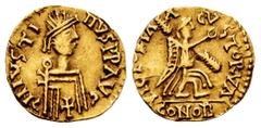 Visigothic Coins In the Name of Justin I. Tremissis. 518-527 AD. (Tomasini-211). Anv.: DN IVST INVS PP AVC, Crude diademed bust right, cross on breast. Rev.: VICTORIA ACVSTORVA, Crude Victory ("grassh