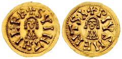 Visigothic Coins Suinthila (621-631). Tremissis. Mentesa (La Guardia). (Cnv-295.23). (R. Pliego-350). Anv.: ✠ SVINTHIL:REX. Rev.: ✠ PIVSMENTSA. Au. 1,39 g. Sharp and clear, a lovely example. AU. Est..