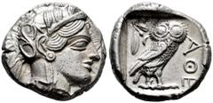 Greek Coins Attica. Tetradrachm. 454-404 BC. Athens. (Gc-2526). (Sng Cop-31). Anv.: Head of Athena right, wearing crested Attic helmet ornamented with three olive leaves above visor and spiral palmett