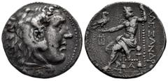 Greek Coins Kingdom of Macedon. Alexander III, "The Great". Tetradrachm. 336-323 BC. Mytilene. (Price-1699 var). Rev.: AΛEΞANΔPOY. Zeus seated left, holding sceptre and eagle, front harp; monogram abo