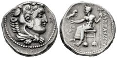 Greek Coins Kingdom of Macedon. Alexander III, "The Great". Tetradrachm. RY 22 = 328/7 BC. Tyre. Struck under Menes. (Price-3254 (Ake)). Anv.: Head of Herakles to right, wearing lion skin headdress. R