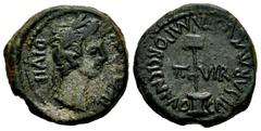 Celtiberian Coins Caesaraugusta. Augustus period. Half unit. 27 BC - 14 AD. Zaragoza. (Abh-334). (Acip-3039). Anv.: AVGVSTVS. DIVI. F. Laureate head of Augustus right. Rev.: Vexillum, CAESAR. AVGVSTA.